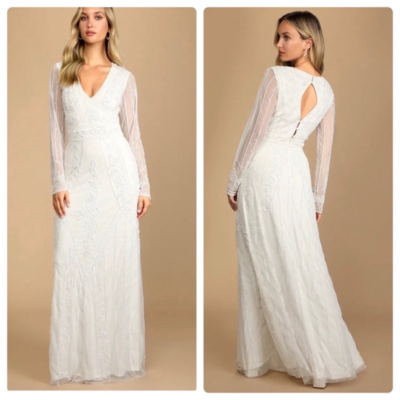 Lulus Dresses & Skirts - Lulus Dreaming Of Forever White Beaded Long Sleeve Mermaid Maxi Dress